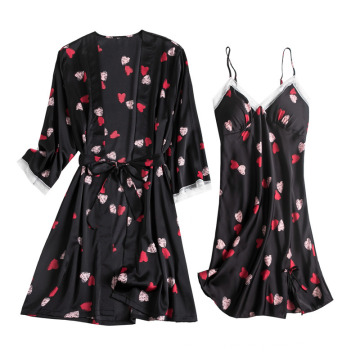 Top Quantity Silk Pajamas with Halter Dress and Nightgown Two Set with Chest Padded Ice Silk Pajamas Imitation Silk